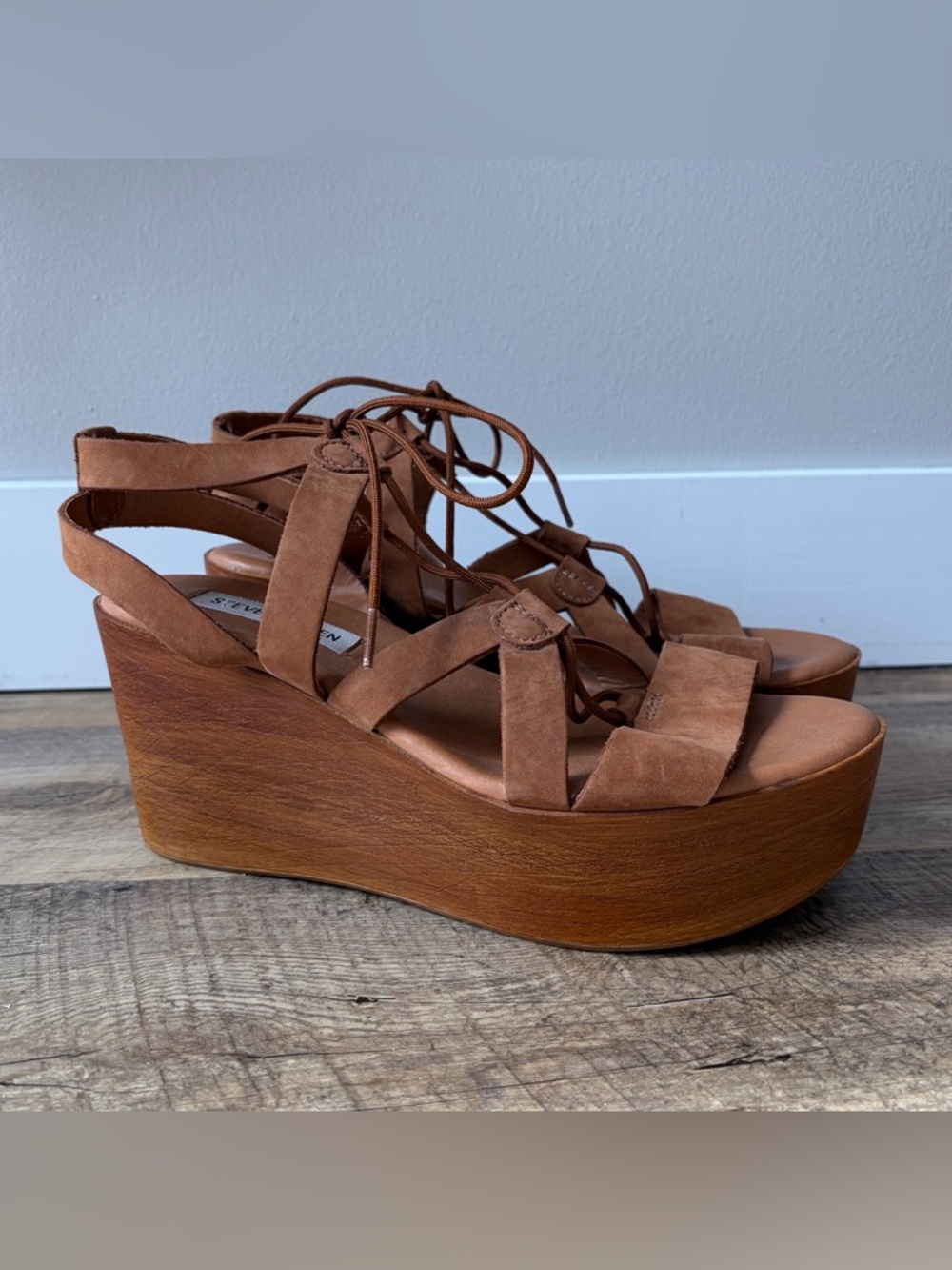 Steve Madden Sevona Cognac Lace Up Wedge Platform Heels Resortwear Leather